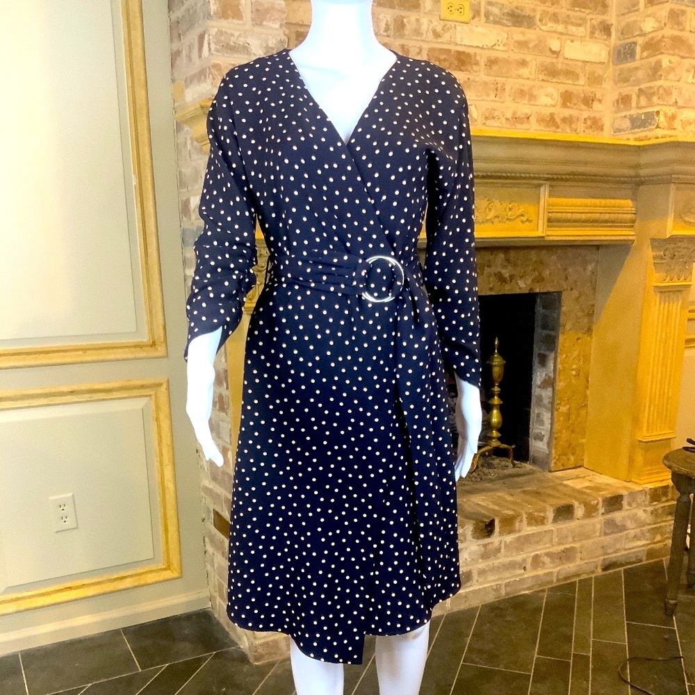 ZARA NAVY BLUE POLKA DOT ASYMMETRIC WRAP DRESS WITH BELT /M